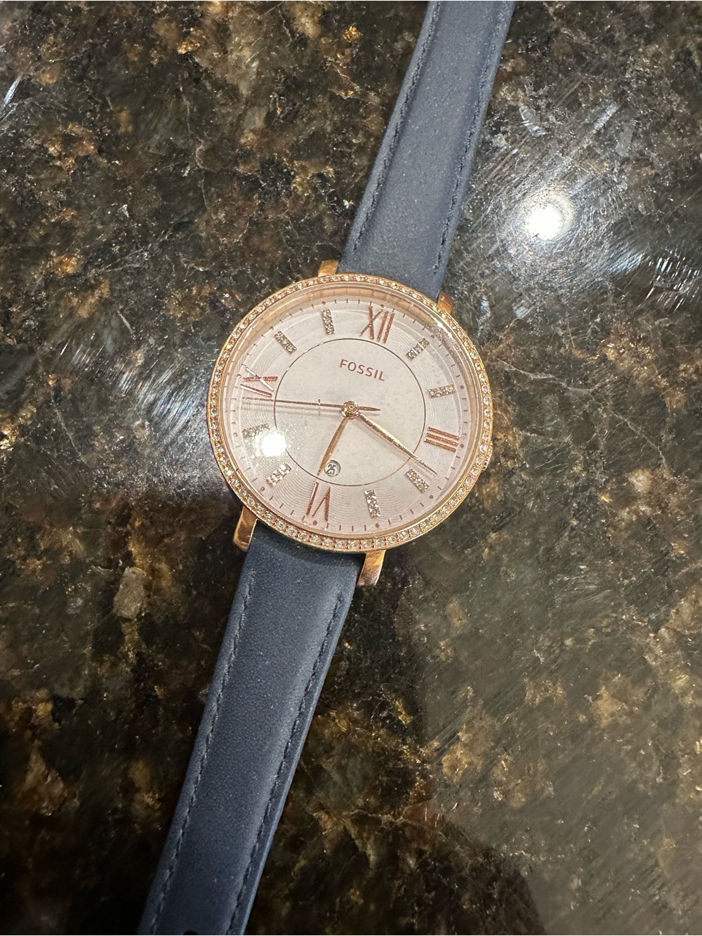 Fossil Rose Gold  with Navy Leather Strap Watch